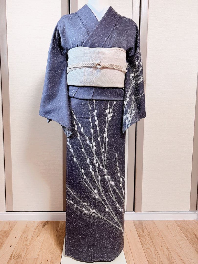 新品　正絹　訪問着　フルセット　加賀友禅　裄65 卒業式　M 青　紺　猫柳