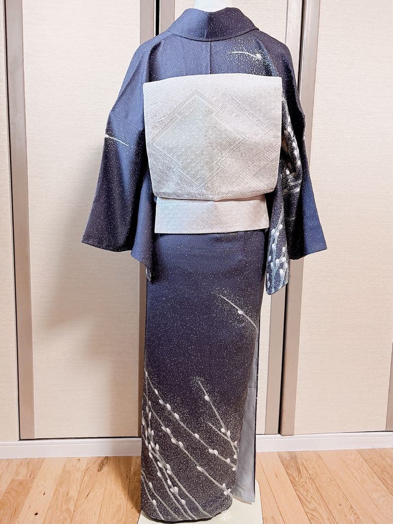 新品　正絹　訪問着　フルセット　加賀友禅　裄65 卒業式　M 青　紺　猫柳