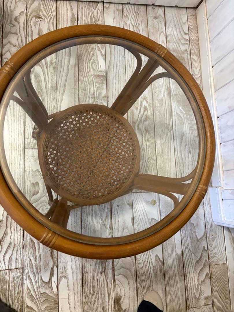 ラタン製ガラス天板サイドテーブル