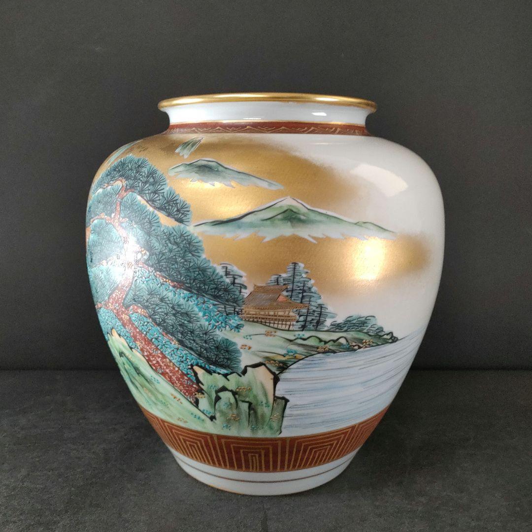 B37-1/九谷 清栄造/色絵金彩山水風景文 花瓶/花入/共箱
