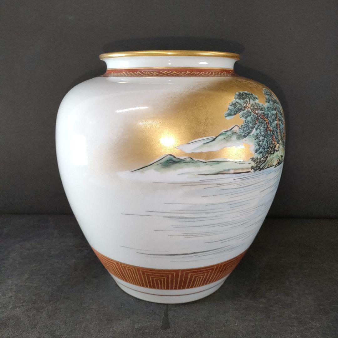 B37-1/九谷 清栄造/色絵金彩山水風景文 花瓶/花入/共箱