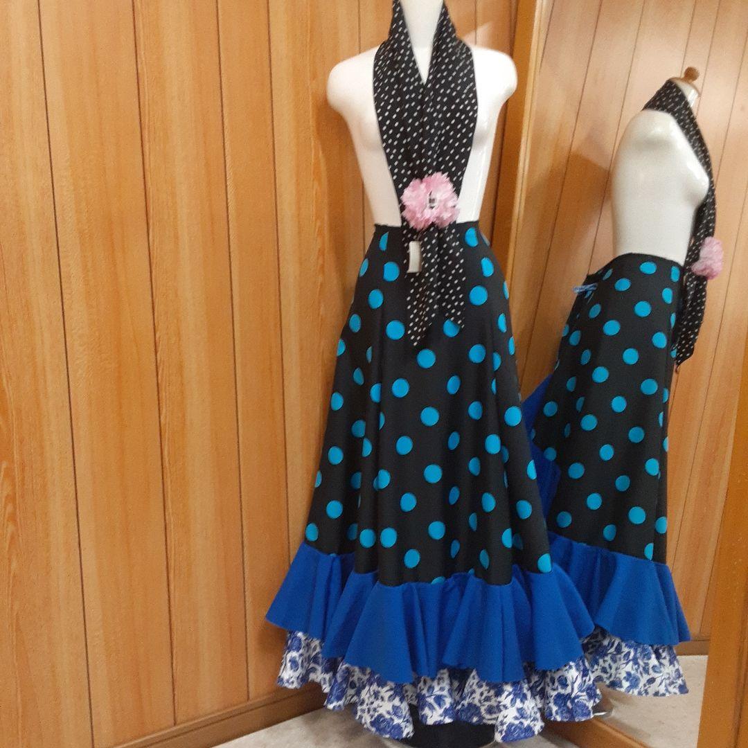 フラメンコ衣装　☆ファルダのみ　＊青/黒/白地青バラ柄フリルファルダ