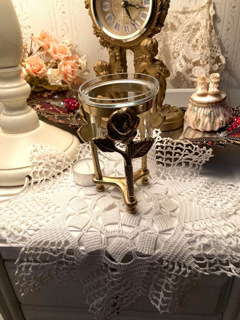 ヴィンテージ　ITALY 真鍮の薔薇★ガラスキャンドルホルダー　ポプリ入れ　花瓶