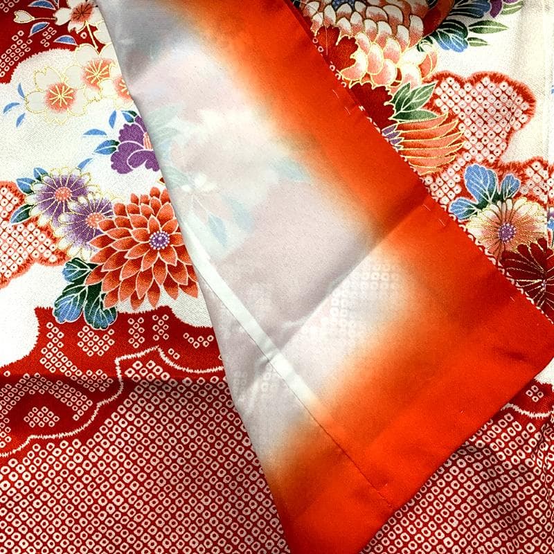 511ag13□七五三 七歳 女児 着物&袋帯&長襦袢 鹿の子 毬 花□美品