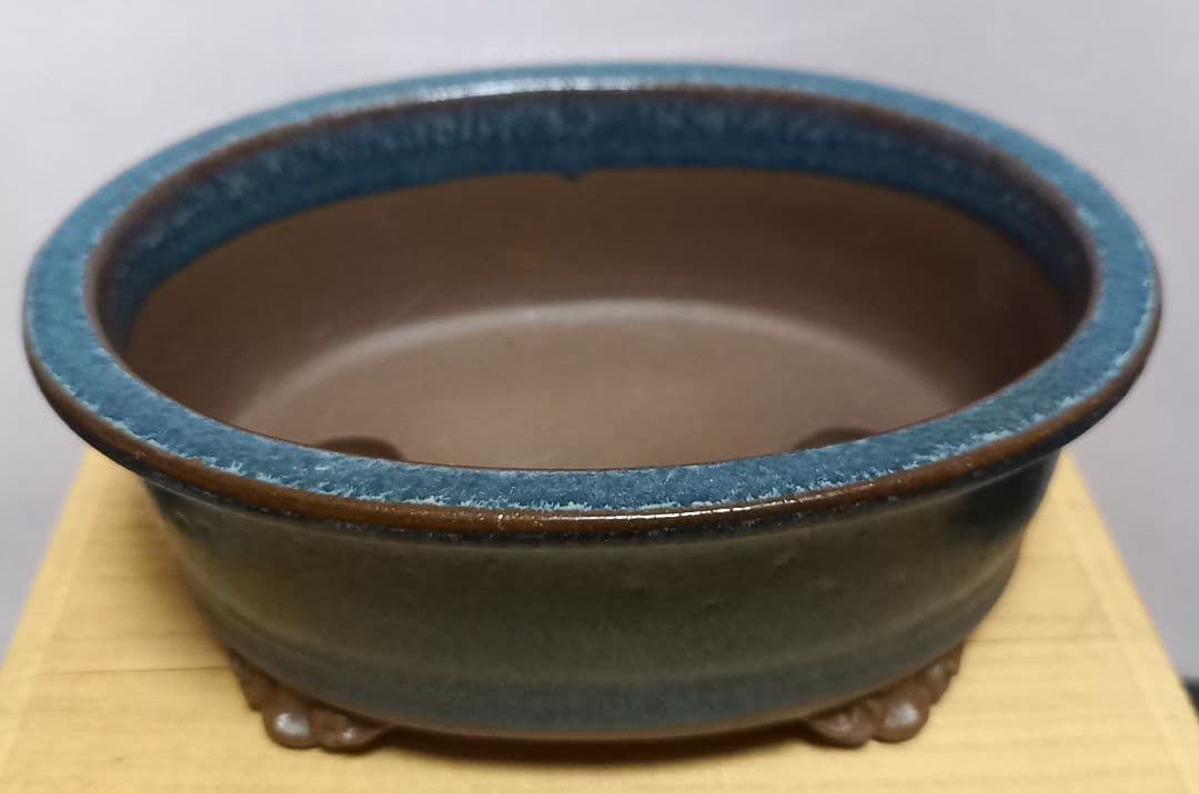藍色釉薬楕円形雲足の陶翠作小品盆栽鉢‼️