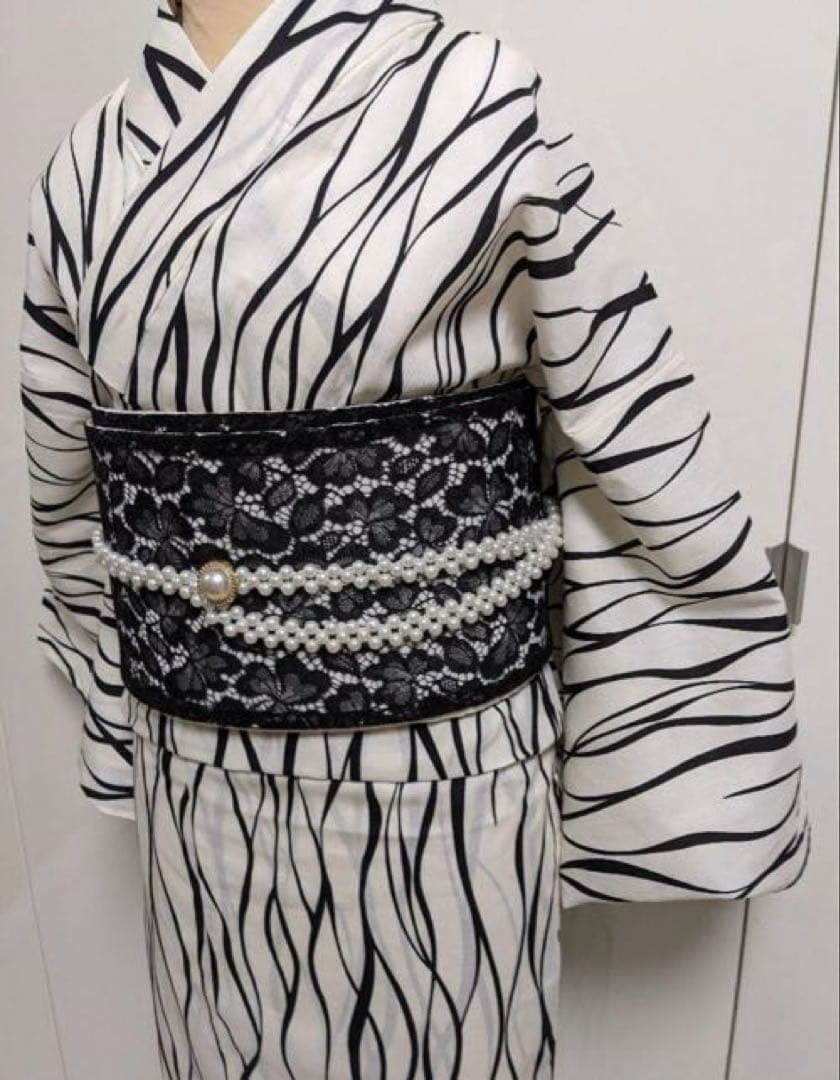 ゆかた Lサイズと、浴衣ようパール帯締めのセット ホワイト✖ブラック