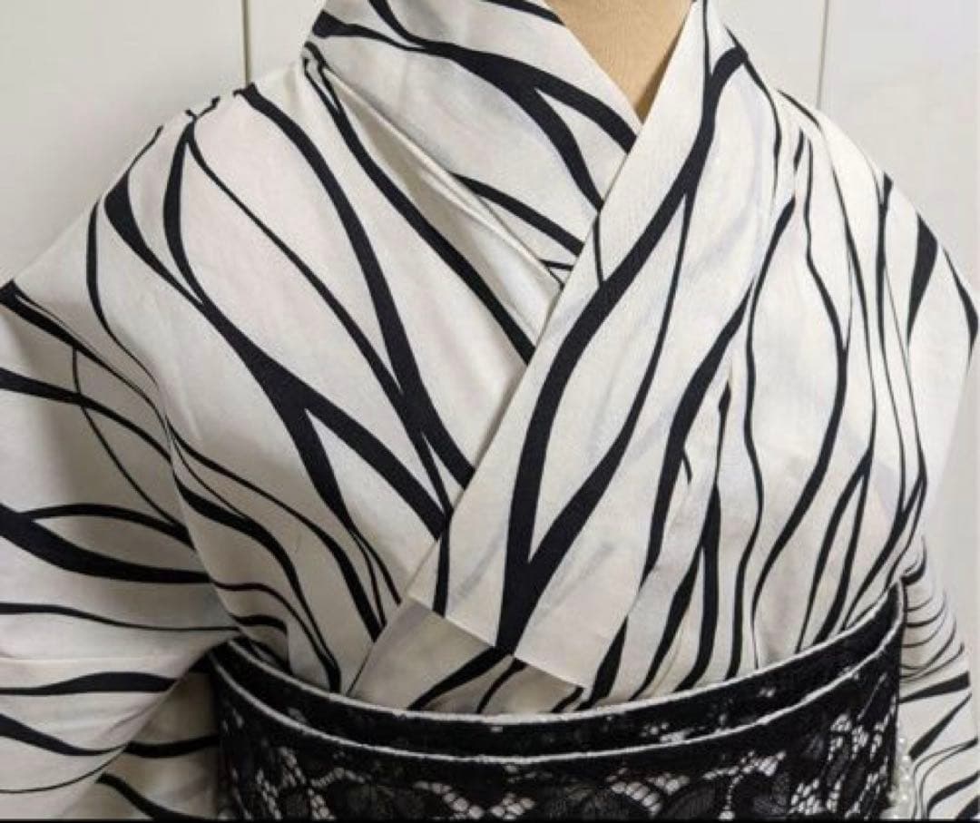 ゆかた Lサイズと、浴衣ようパール帯締めのセット ホワイト✖ブラック