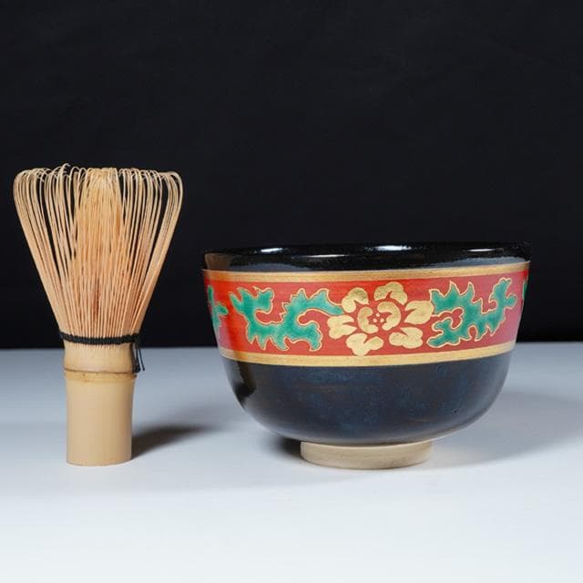 永楽即全　黒仁清牡丹唐草茶碗　堀内宗完御書付　共箱　茶道具　永楽善五郎　抹茶碗