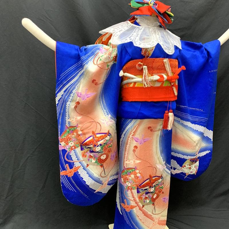 501ag90□七五三 七歳 女児 着物&袋帯 糸巻き 折り鶴 青□状態良好