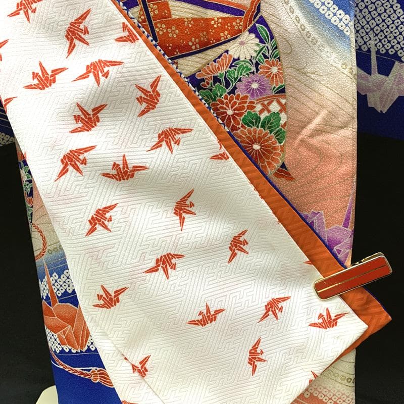 501ag90□七五三 七歳 女児 着物&袋帯 糸巻き 折り鶴 青□状態良好