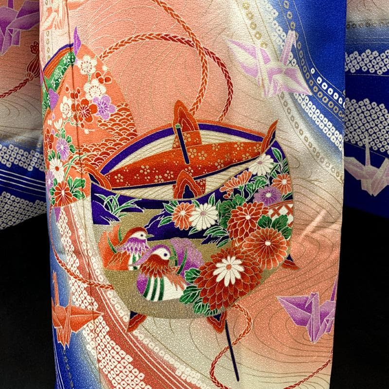 501ag90□七五三 七歳 女児 着物&袋帯 糸巻き 折り鶴 青□状態良好