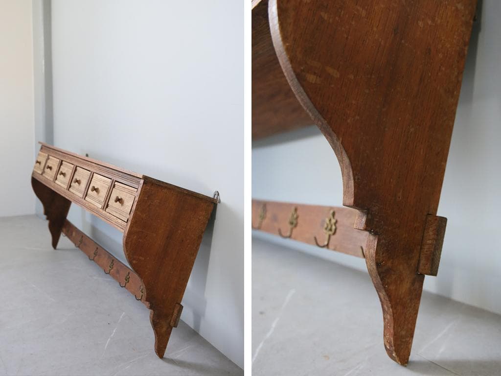 フランスアンティーク木製ウォールシェルフ/壁掛けドロワーフック飾り棚85-131