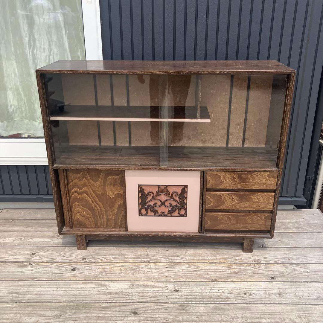 昭和レトロ ミッドセンチュリー 古家具 飾り棚 彫刻サイドボード ディスプレイ