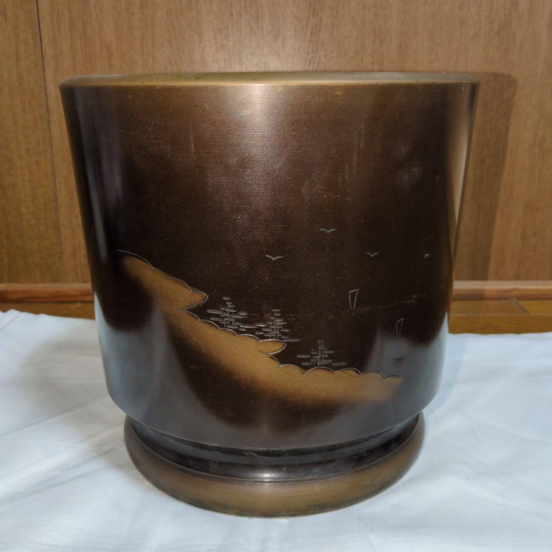 銅製 火鉢 山水楼閣文 金属製 古道具 口径24.5cm