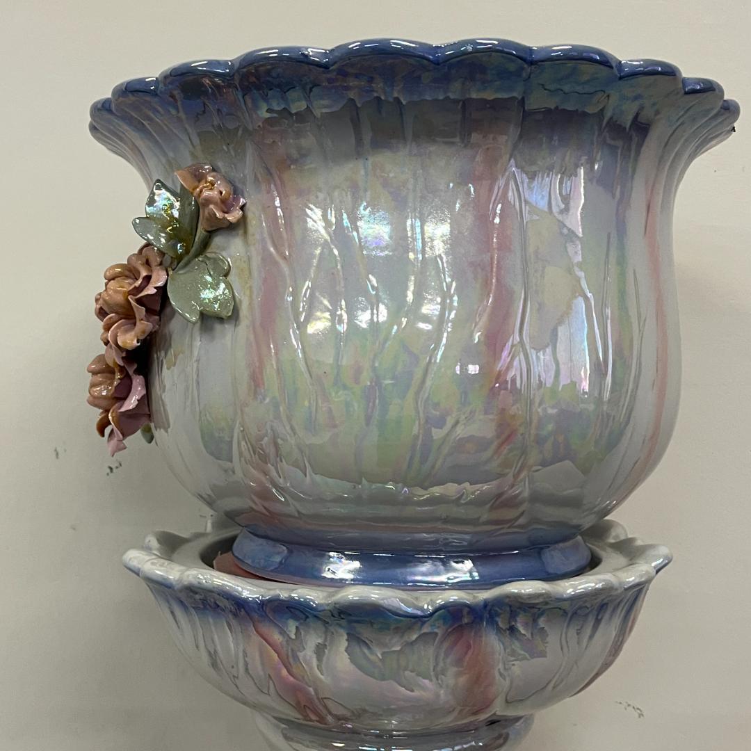 79 立体的 陶花 フラワースタンド 花台 高さ約80cm ブルー オーロラ調