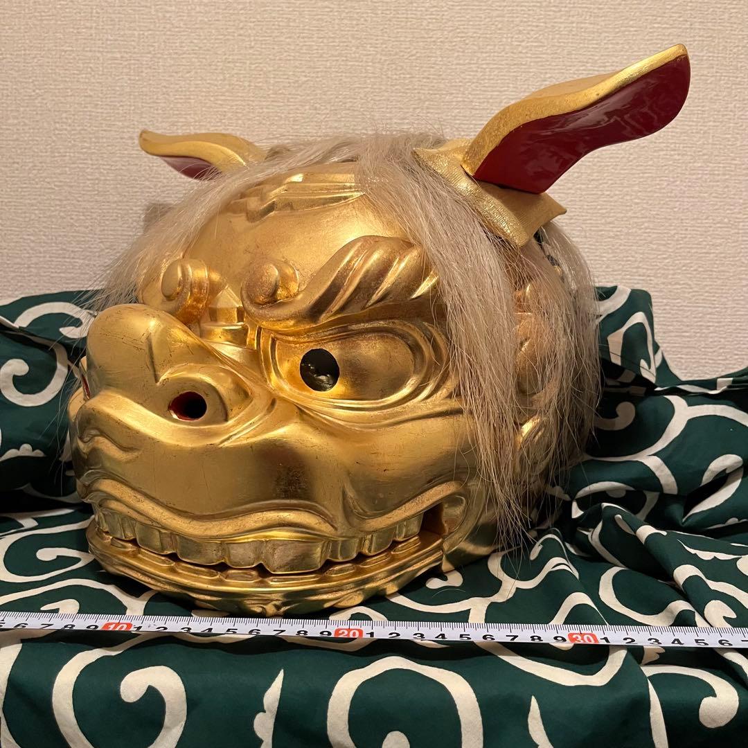 【希少】　獅子舞　獅子頭　金箔　木彫　魔除け　金彩　古美術　木製 木彫 お祭り