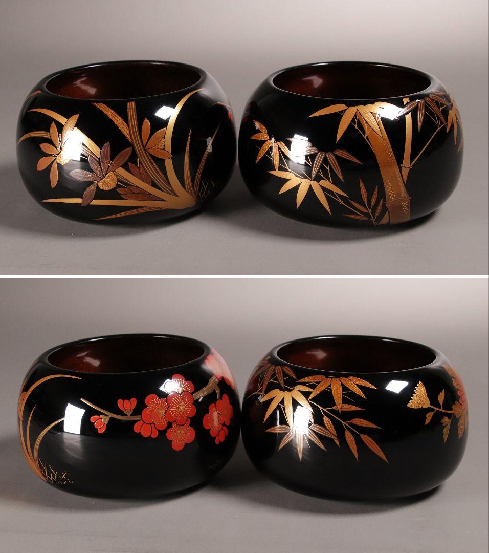 M937 輪島塗 柿木章作 四君子鷺烏蒔絵 碁器一対 木製 黒塗 内梨地 共箱