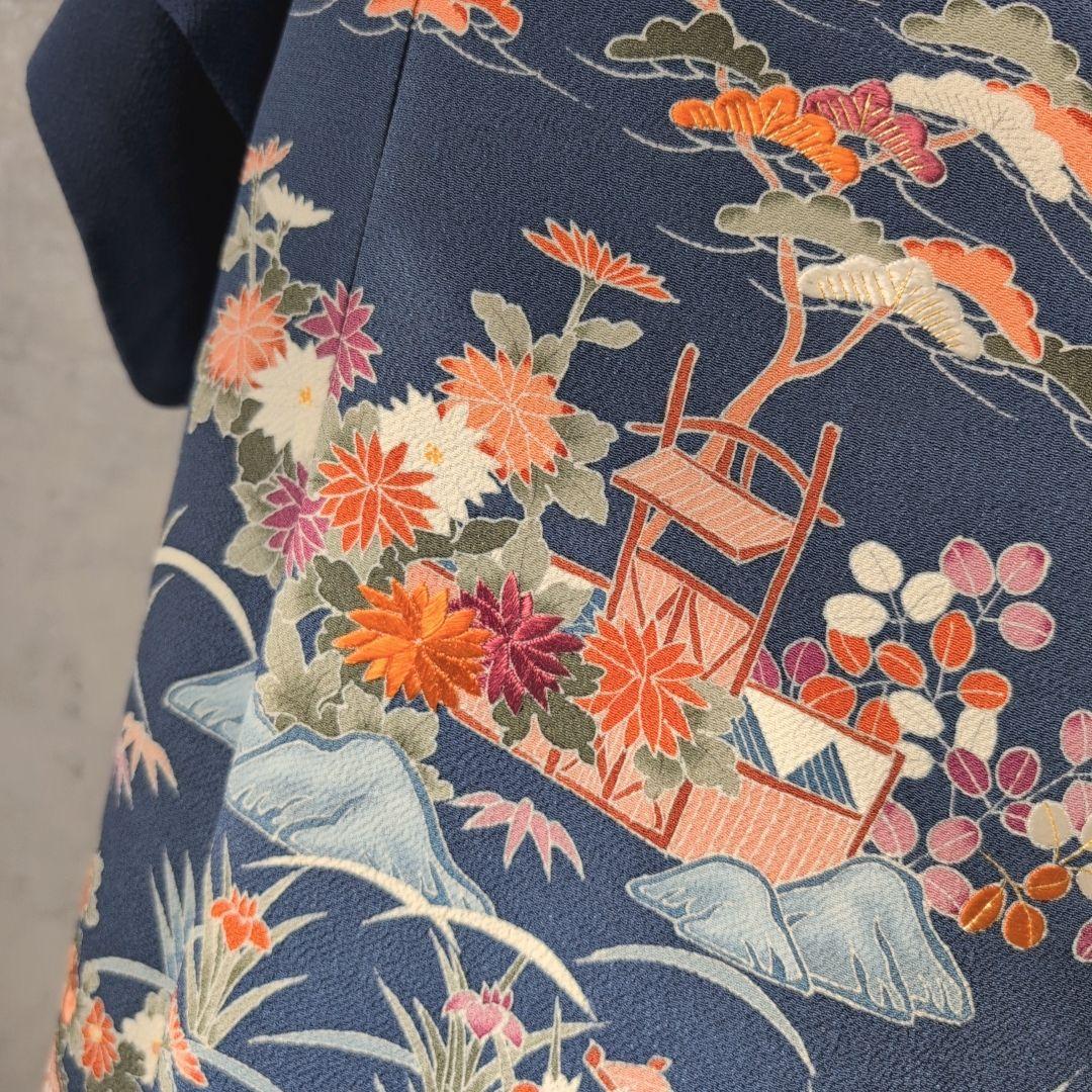 訪問着　フルセット　着物　正絹　青紺　縮緬　刺繍　比翼仕立て　祝い事　E2