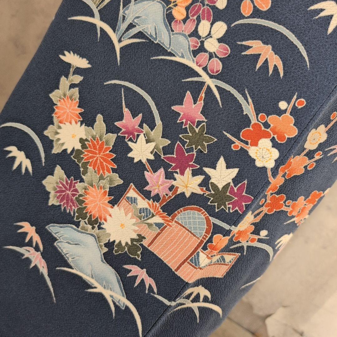 訪問着　フルセット　着物　正絹　青紺　縮緬　刺繍　比翼仕立て　祝い事　E2