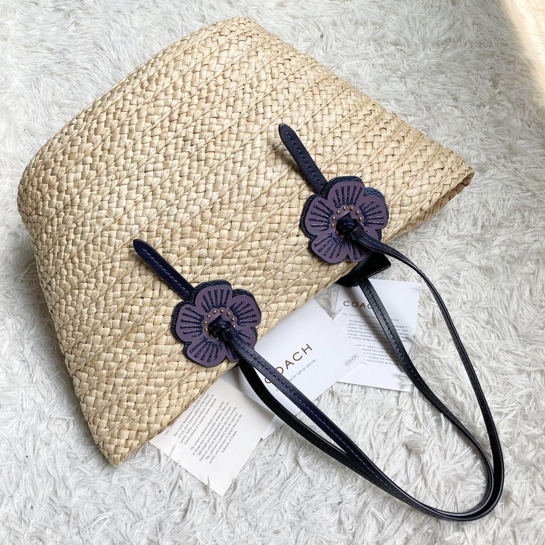【極美品】COACH コーチ 68610 ラフィアトートバッグ フラワー 花柄