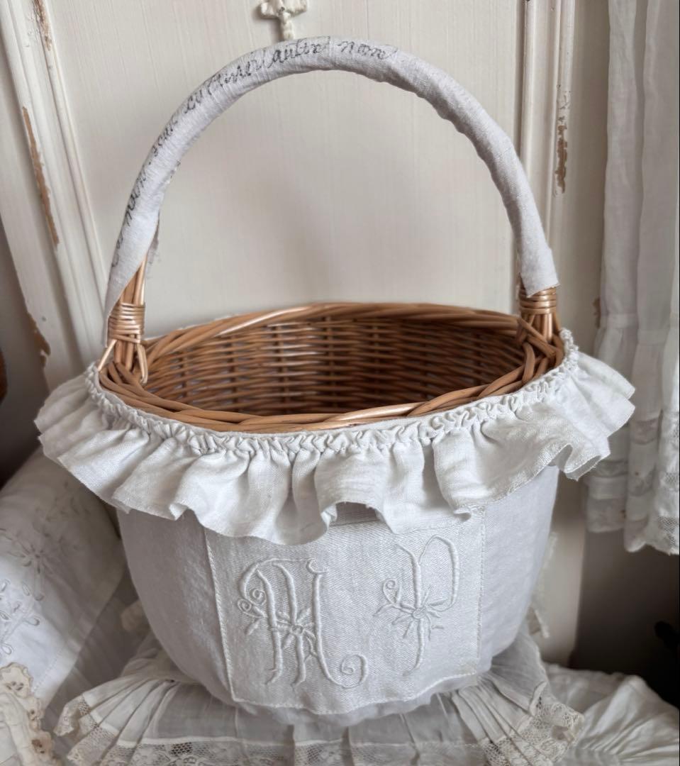 フレンチレース　パニエバスケット　モノグラム　フランスアンティーク　カバー