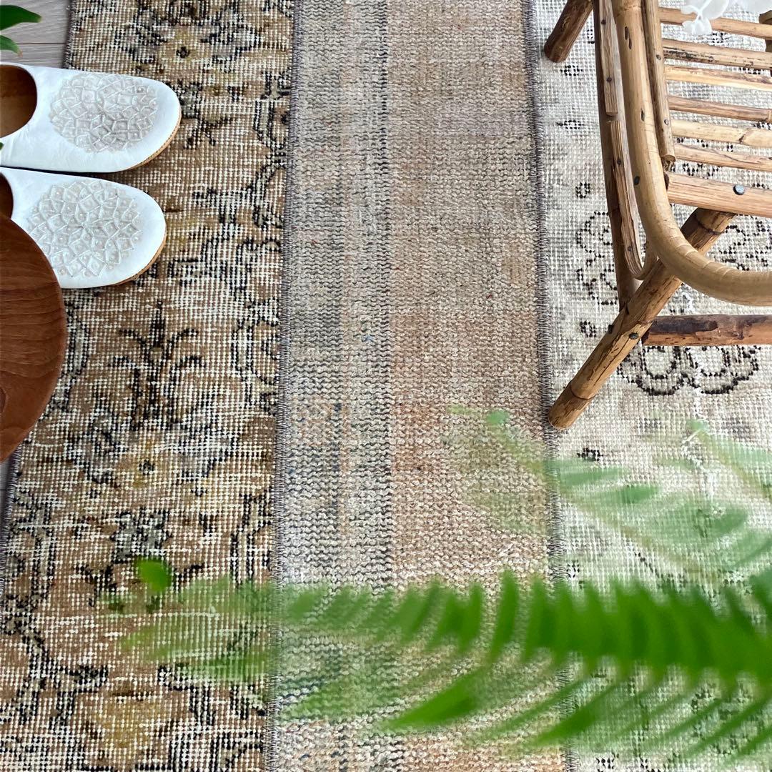 パッチワーク✳︎ 67×139ベージュ　フラワー　イエロー　トルコヴィンテージラグ