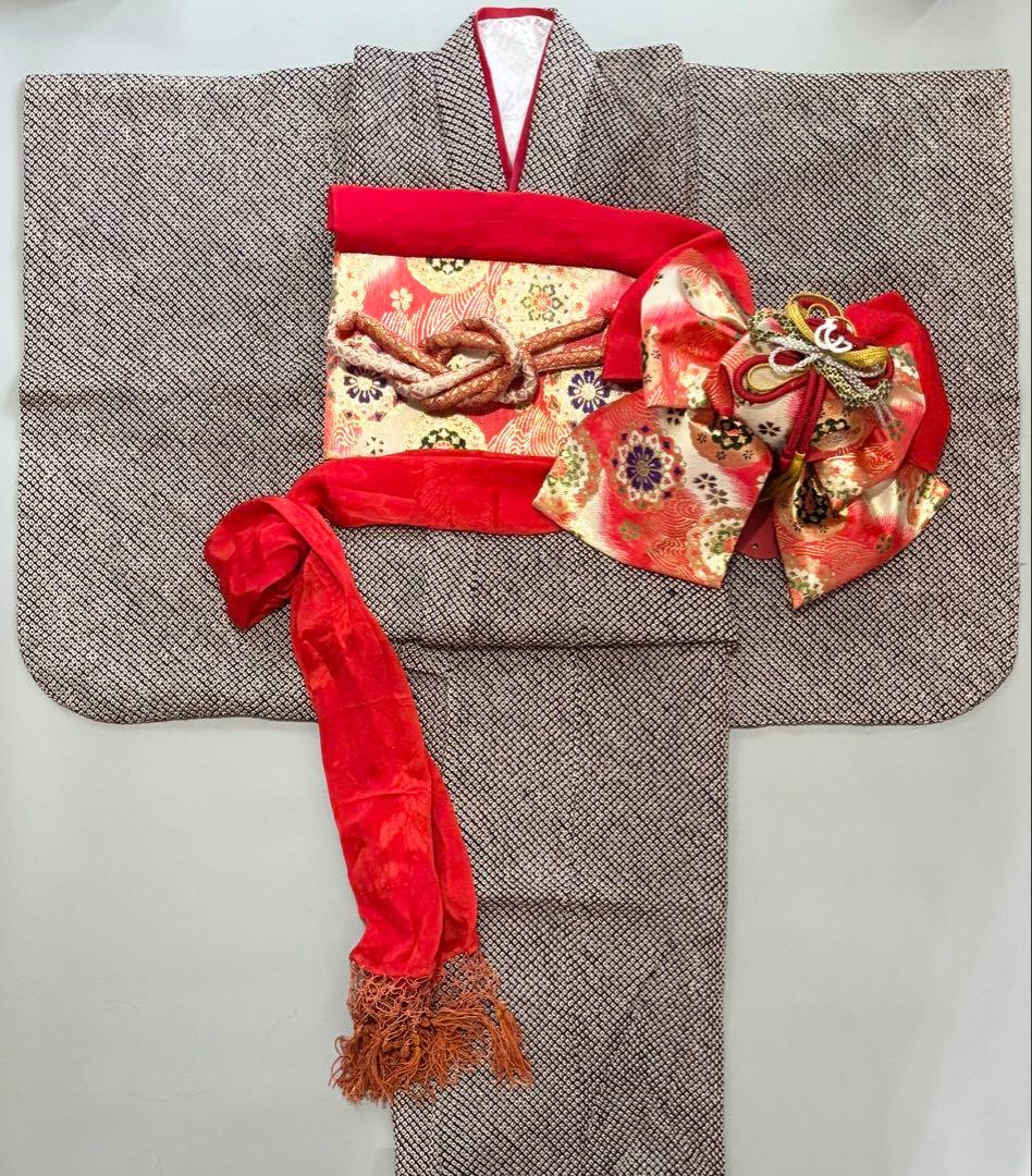 七五三　正絹　総絞り　黒　グレー　7歳　フルセット　作り帯