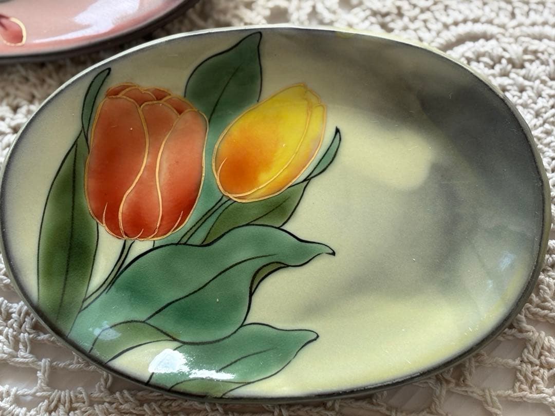 京焼き　清水焼き　陶あん　色絵付け楕円形皿2枚 【葊】陶印有り