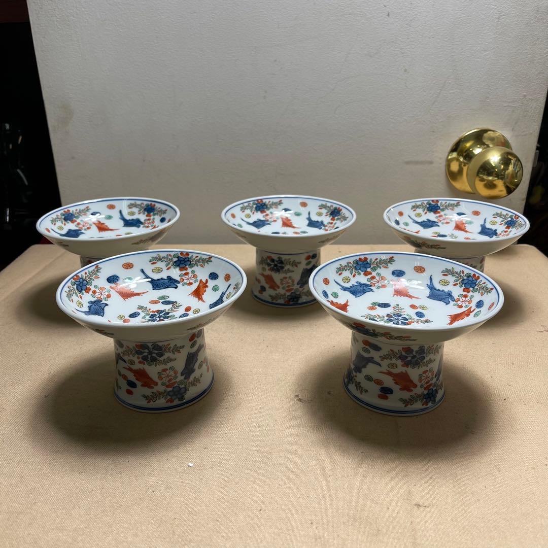 MR-172A 有田焼　高台皿 5ケセット 花と動物模様