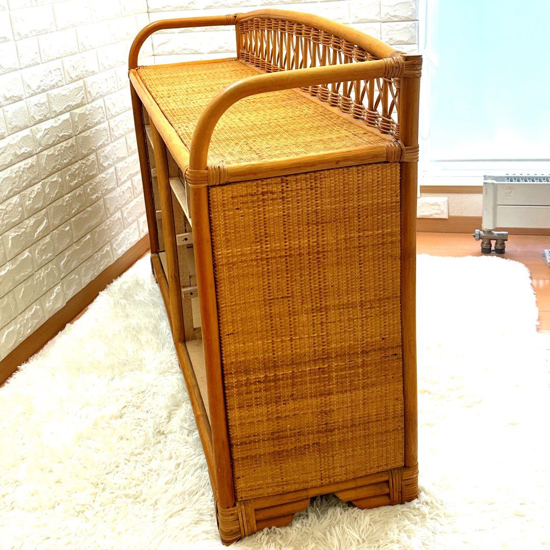 昭和レトロ　ラタンチェスト 4段10杯　籐 ワイド ローチェスト 棚 テレビ台