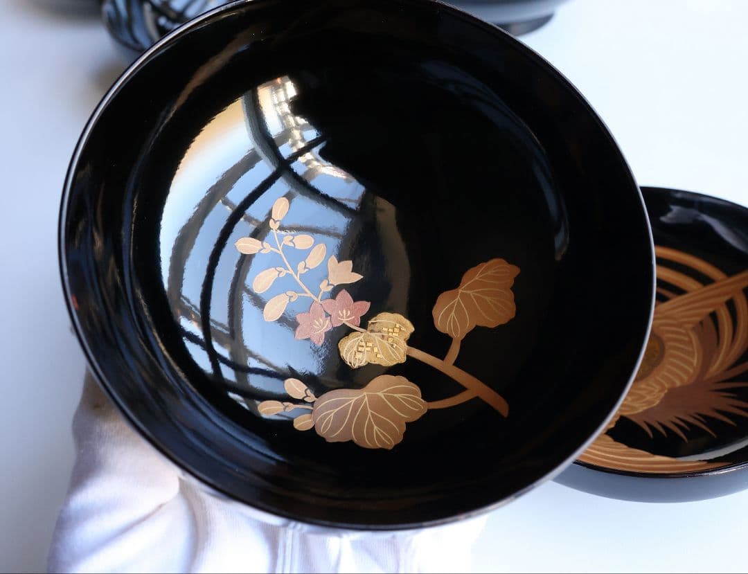 【CM401】天然木漆塗 菊桐鳳凰金蒔絵 黒塗 吸物椀 三客 昭和期 木製漆器