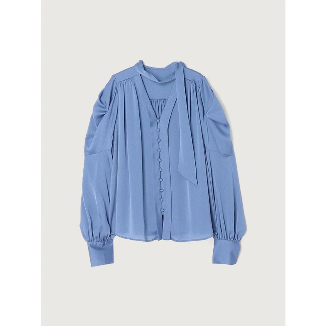 専用24ss アニュアンス フォルムスリーブタイブラウス ボウタイ 青 ブルー