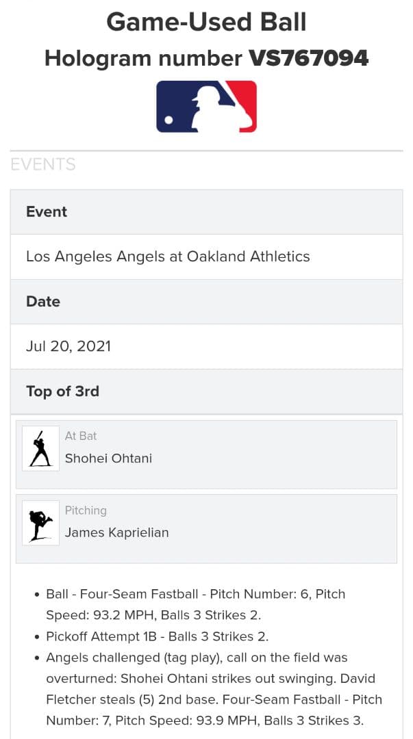 【価格交渉あり】大谷翔平を三振させた実使用ボール 7/20/2021 動画あり