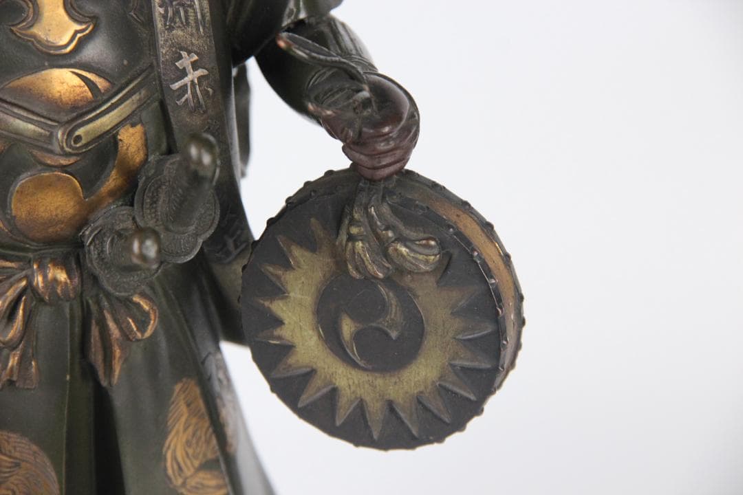 日本美術　銅製武人像　正秀作　細密彫刻　金象嵌　明治期金工　時代物 Eo1-21