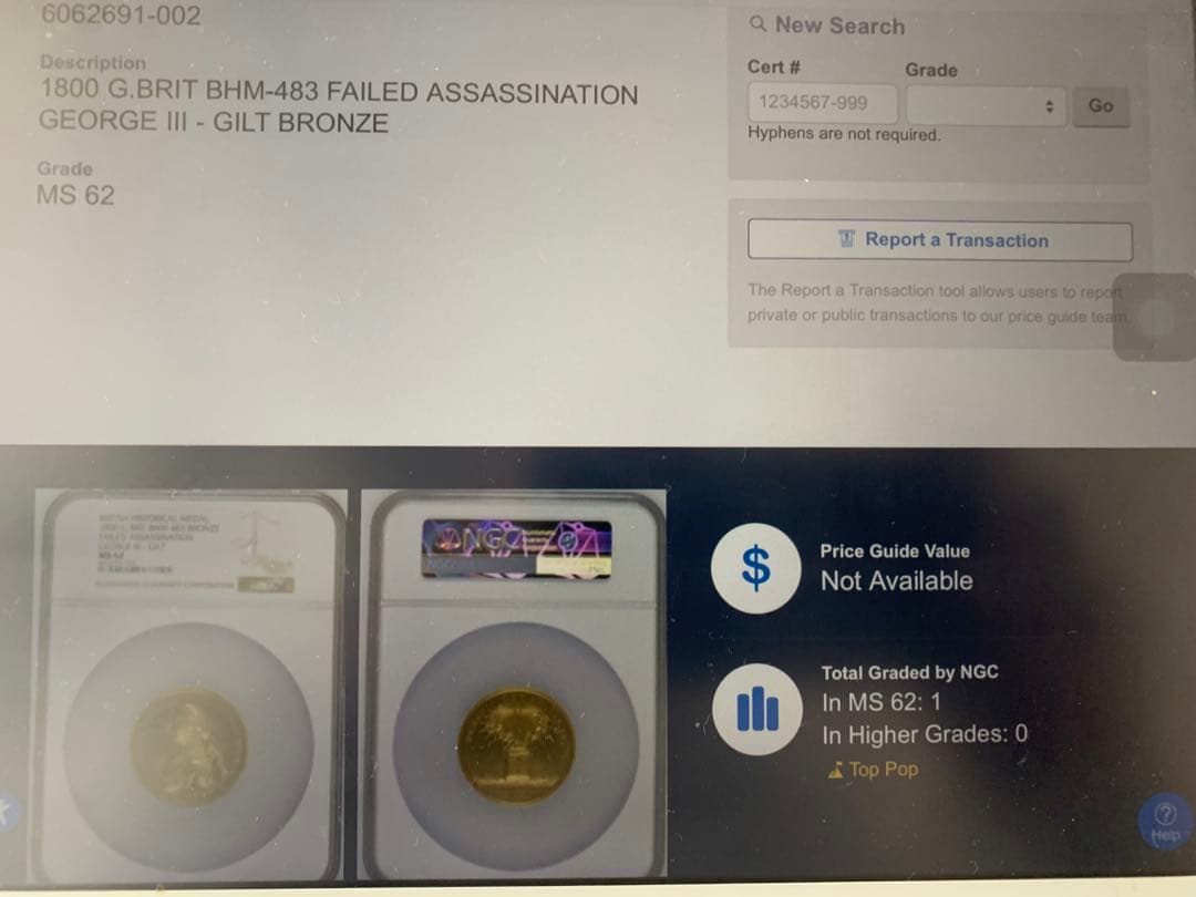 ONLY ONE &TOP POP❗️ジョージ3世 暗殺未遂　金　GILDメダル