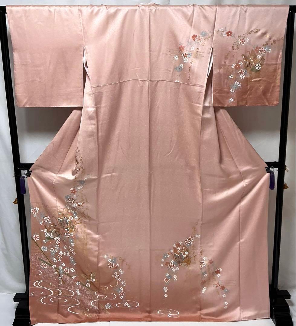 b183 正絹　袷　訪問着　蝶　金箔　極美品　トールサイズ　着物