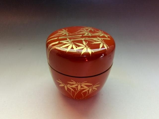 棗■古い蒔絵竹図朱塗り茶入れ 金彩 漆塗り 中棗 時代箱 お茶道具 時代物骨董■