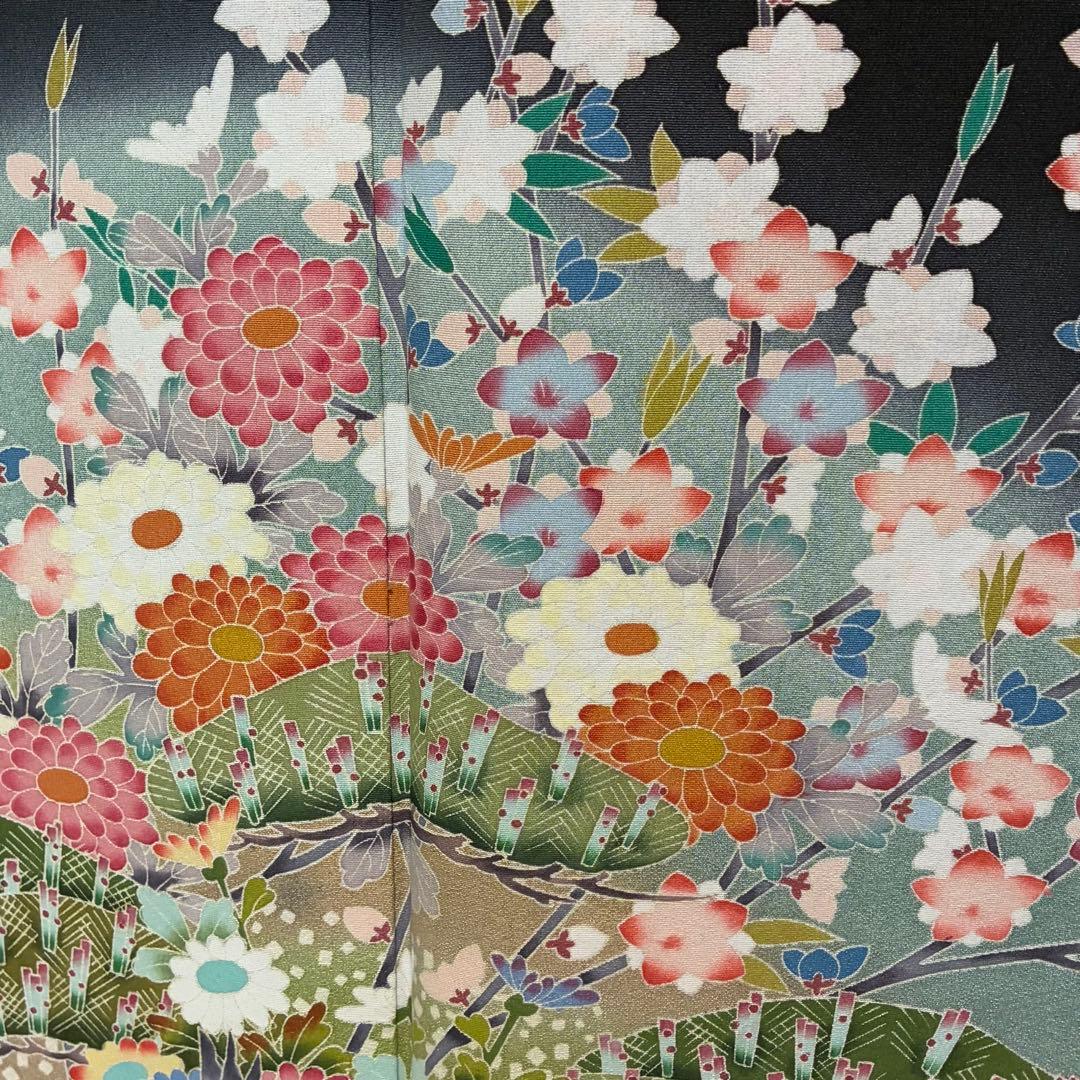 D160 黒留袖　友禅　鶴　花模様　正絹　着物　袷