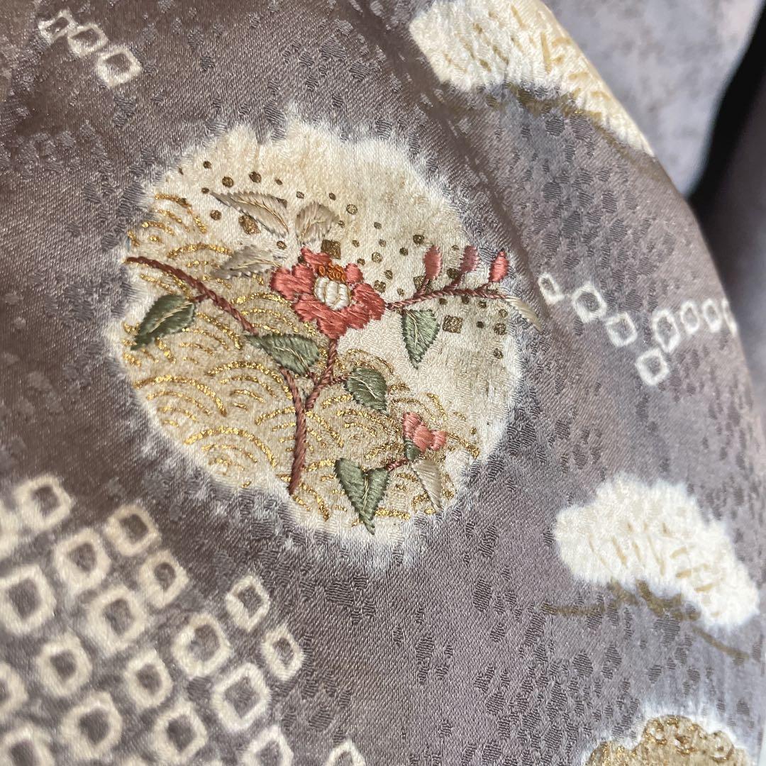 訪問着　フルセット　雪輪　松と梅　鹿の子絞り　金彩加工　手刺繍　着物　Q5
