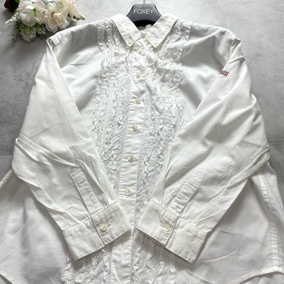 お洒落✨ピンクハウス ブラウス シャツ ピコフリル ロゴ刺繍 白 ホワイト 長袖