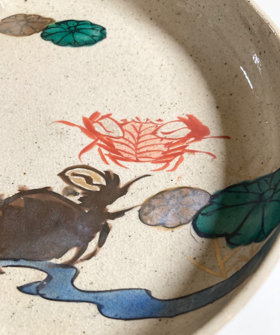 古九谷の蟹図！瓢箪型の中皿三客揃 浜辺の景色図 江戸〜明治期