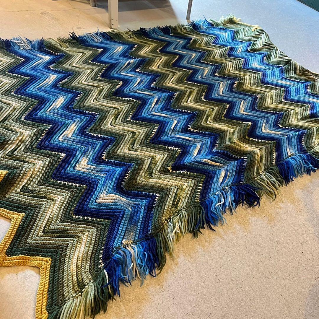 【USA vintage】グラニーブランケット　ラグ　寒色系　アメリカ