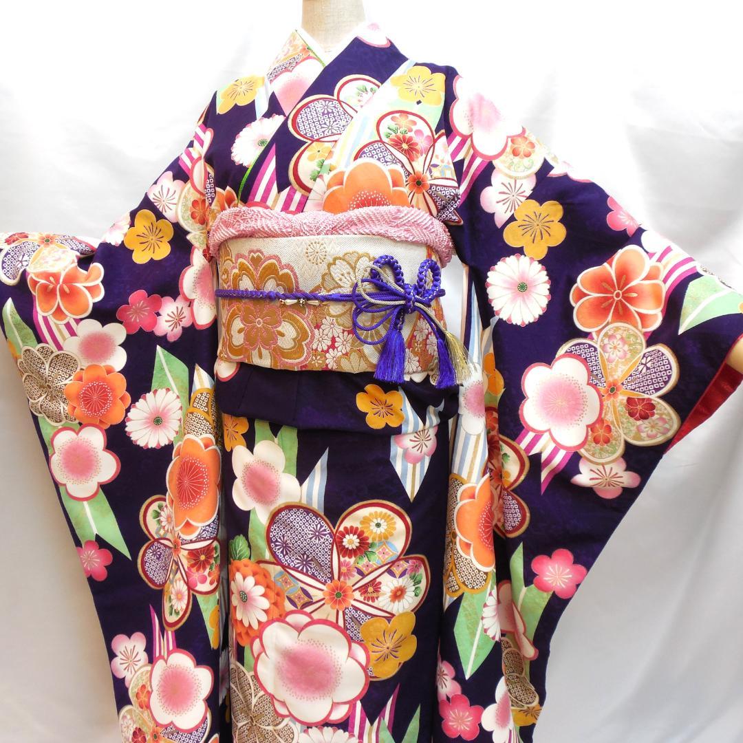 未使用品★洗える振袖　振袖フルセット　ポリ　成人式　振袖　M～Ｌサイズ　紺　花柄