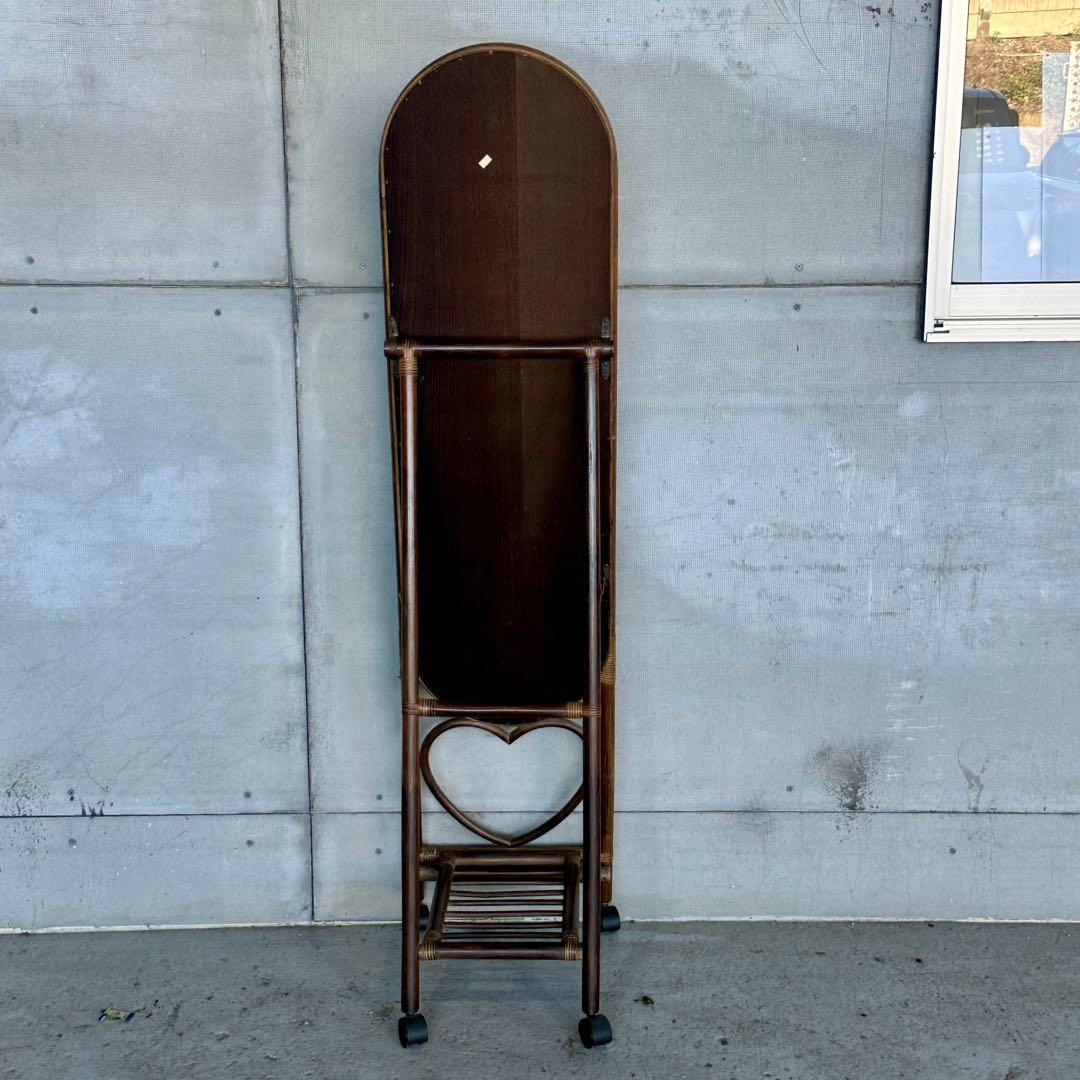 ♦︎昭和レトロ♦︎黒光スタンドミラー 物置格納型大鏡 姿見 等身鏡オールドラタン