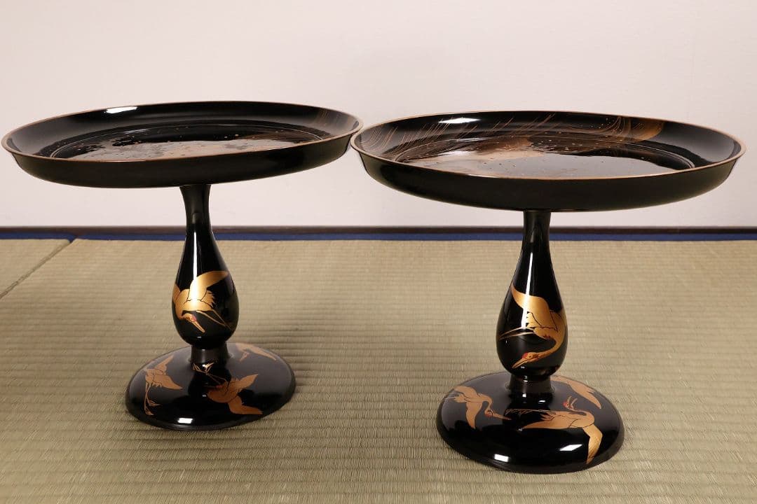 波に鶴 金銀蒔絵 高月一対 木箱 木製漆器 高坏 高槻 菓子器 【MA743】