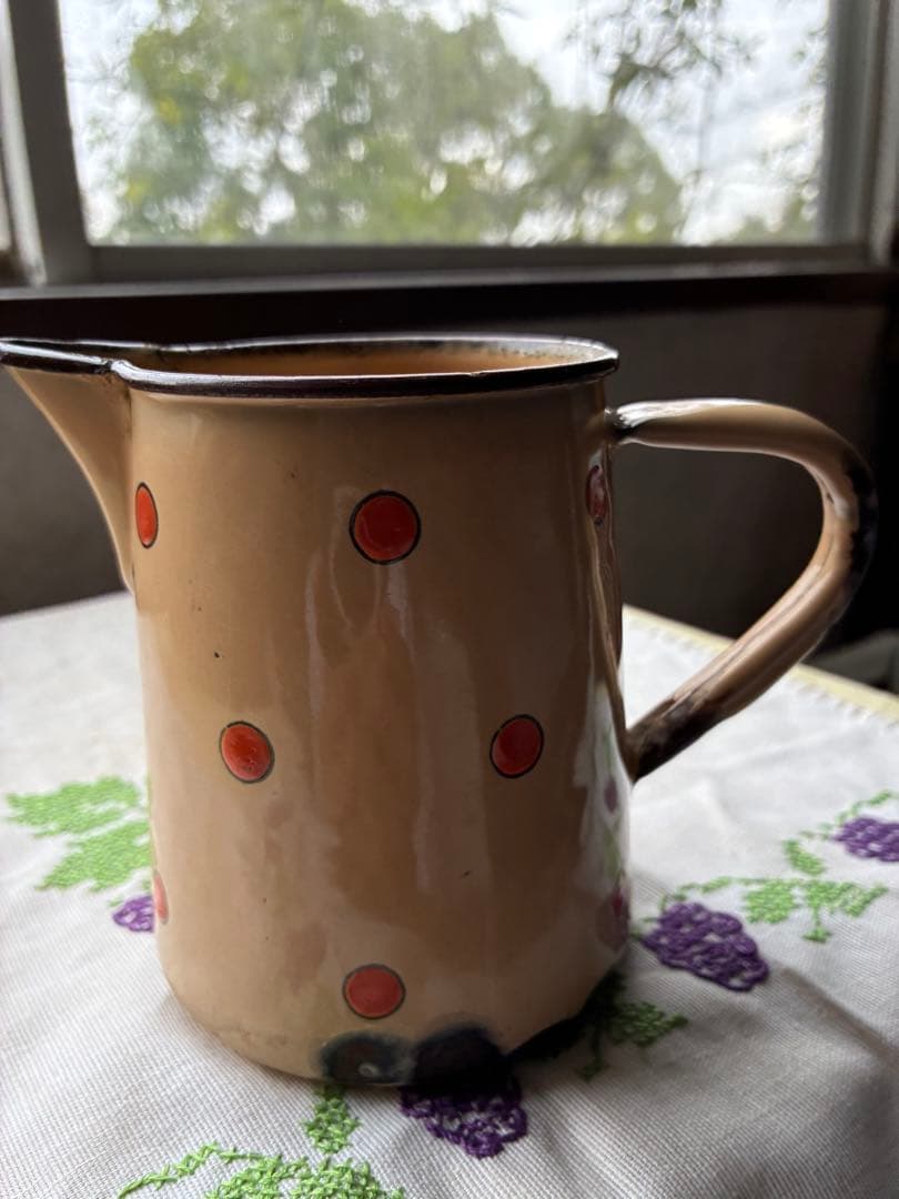 フランス　アンティーク　ホーロー　ピッチャー　ジャグ　ポルカ　ドット　水玉　レア