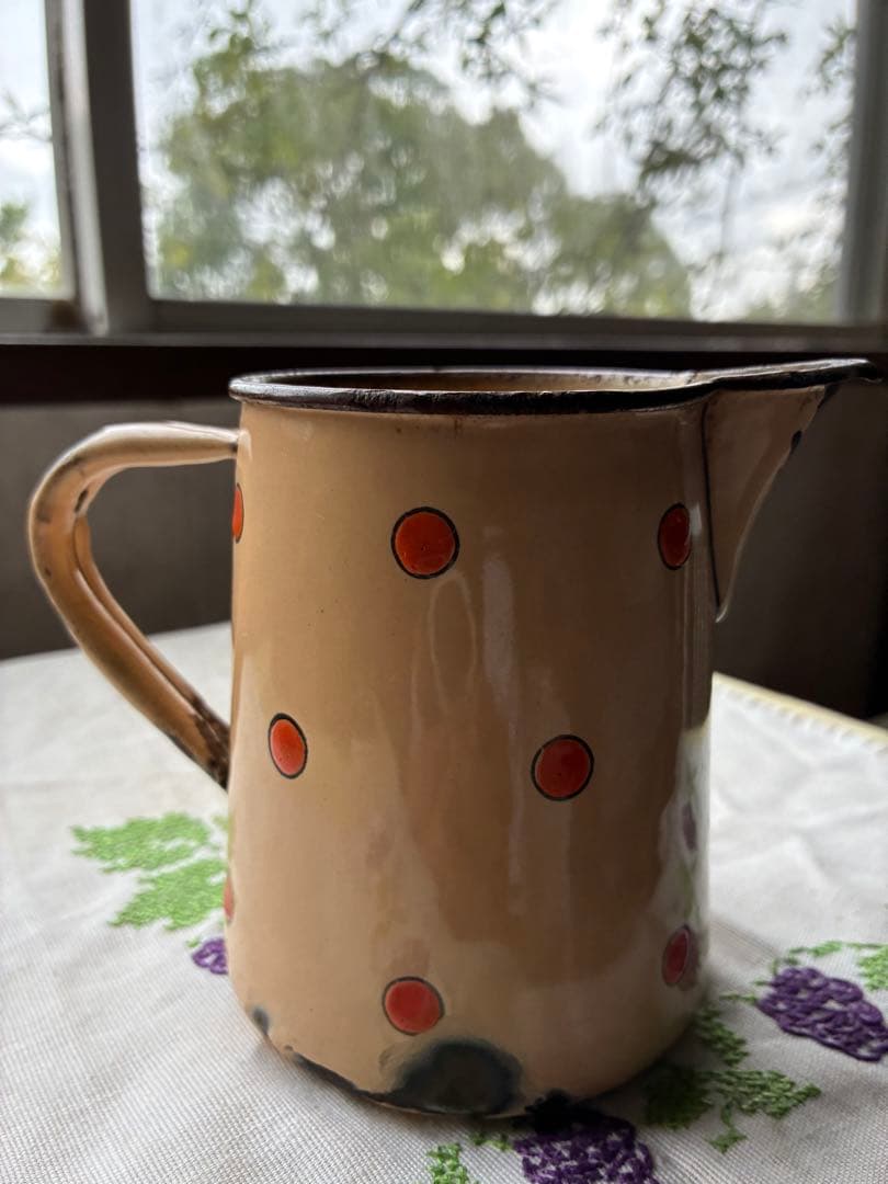 フランス　アンティーク　ホーロー　ピッチャー　ジャグ　ポルカ　ドット　水玉　レア