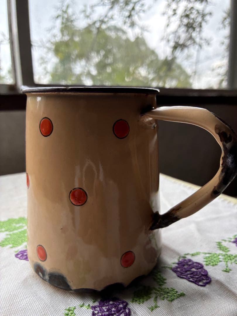フランス　アンティーク　ホーロー　ピッチャー　ジャグ　ポルカ　ドット　水玉　レア