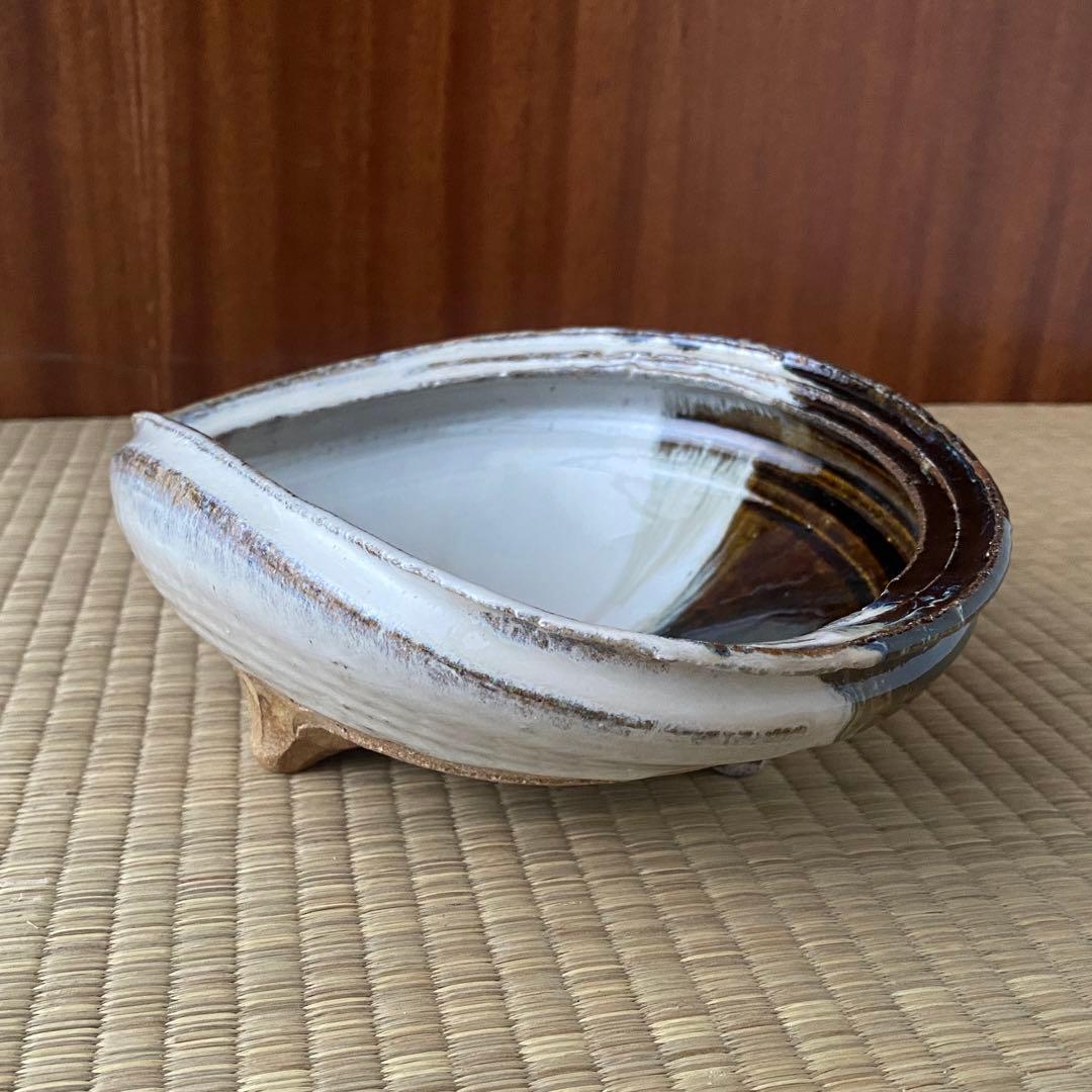 美品 未使用 唐津焼 岡本作礼造 【朝鮮唐津】 鮑型 脚付鉢 共箱