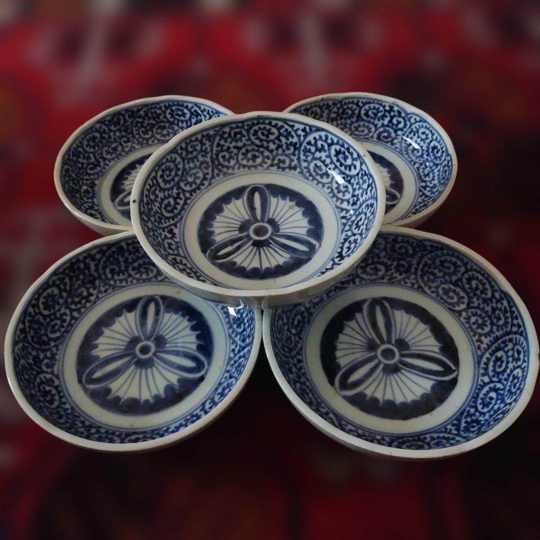 古伊万里 染付 蛸唐草文皿 五客 なます皿 くらわんか 筒江窯 アンティーク